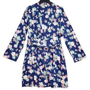 Charter Club Shawl Collar Short Robe‎ Long Sleeves Blue Butterfly Floral Small
